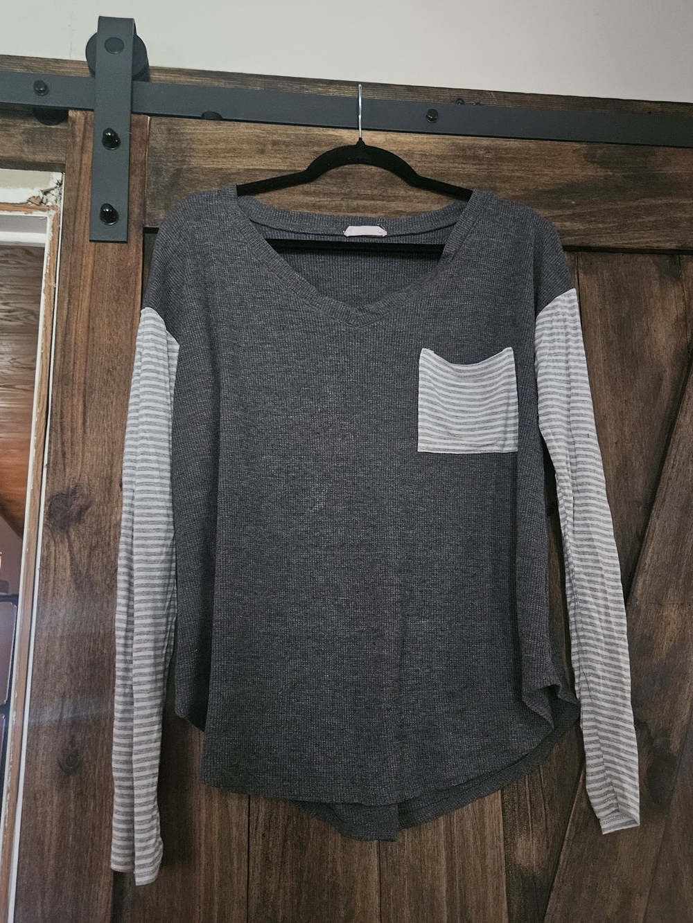 Charcoal Waffle Knit Top with Striped Sleeves and Pocket